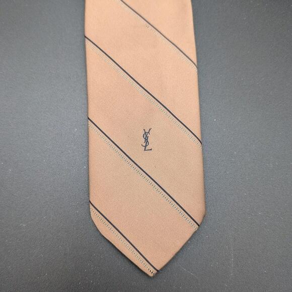 Yves Saint Laurent Tie Mens Brown Blue Stripe YSL Logo Necktie Classic Old Money - Picture 1 of 5